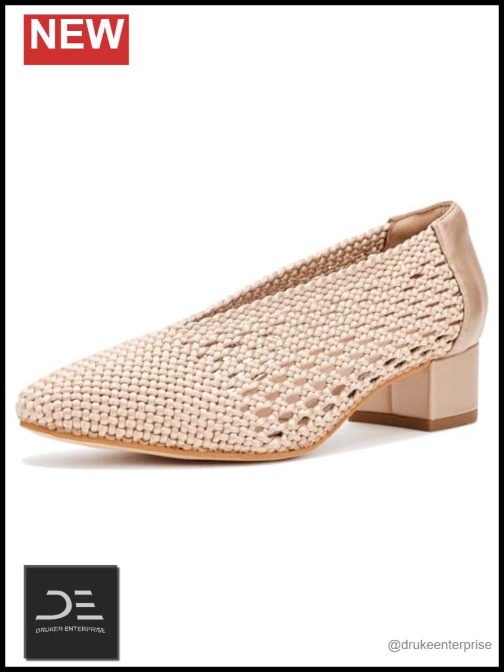 Woven Fabric Block Heel Pump Slip-On Almond Toe Women's Dress Shoe